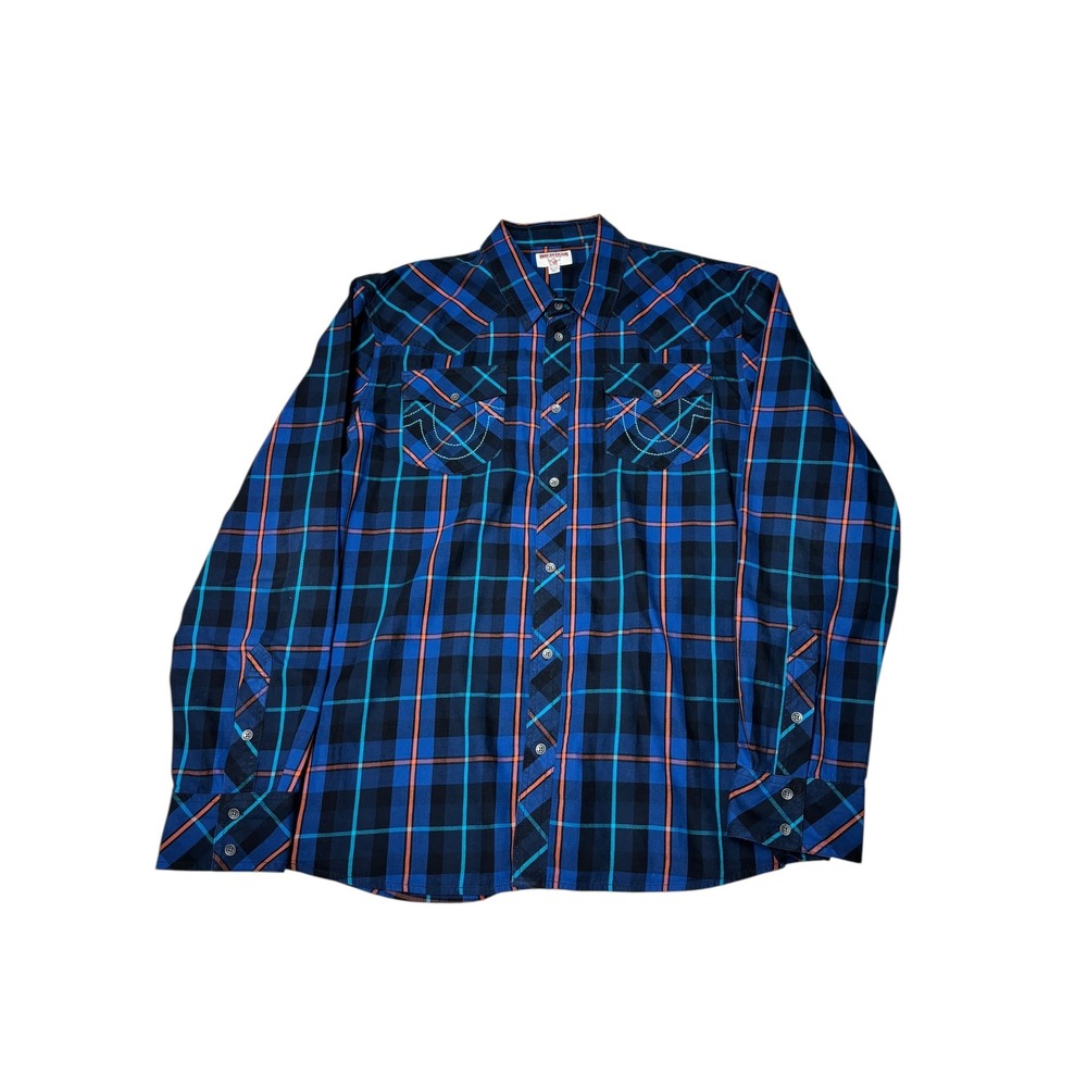 True Religion Men's Plaid Snap Button‎ Western Shirt 3XL Blue Orange Teal